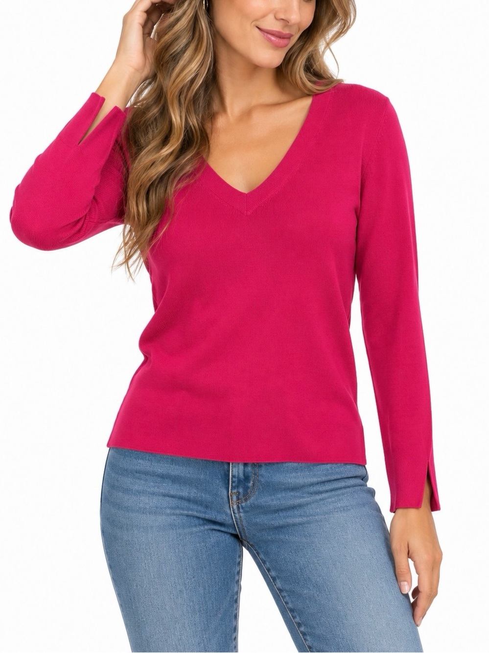 Ann Taylor LOFT 100% Silk Berry red V-Neck Long Sleeve Sweater Size L